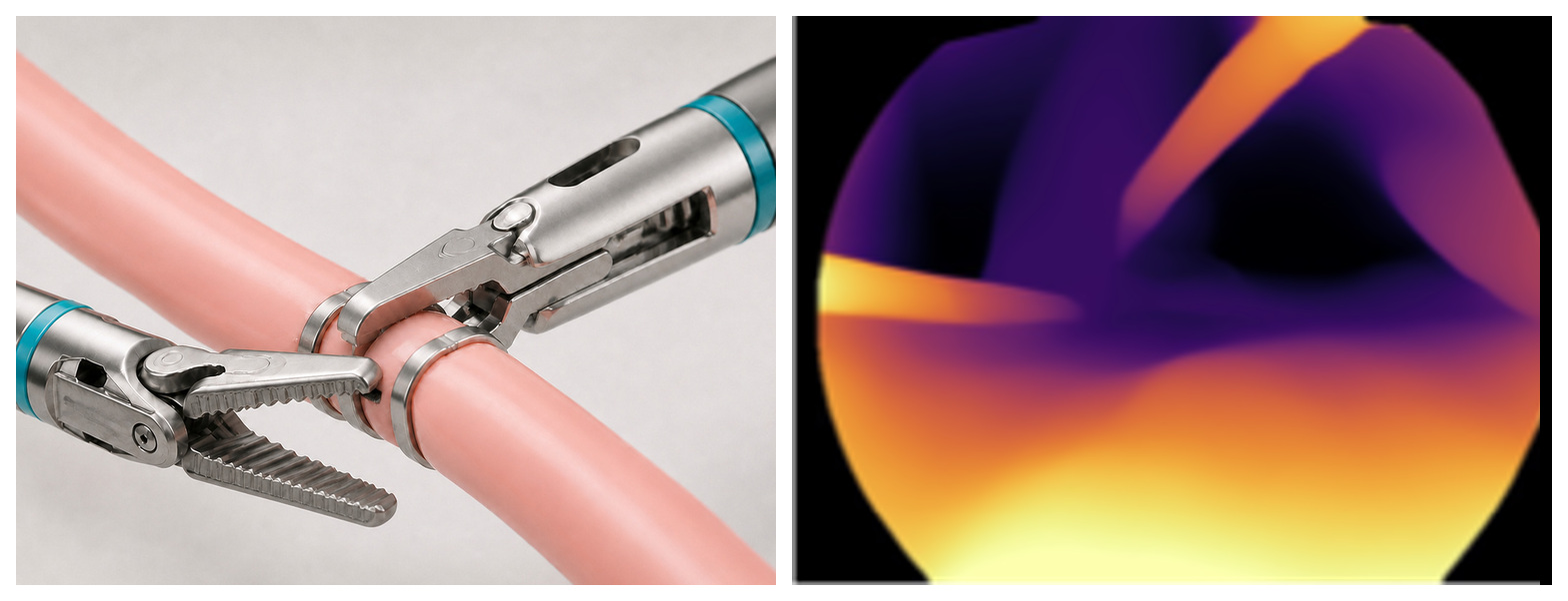 Combined non-graphic surgical grasper and clip-applier illustration beside a masked small-model depth prediction